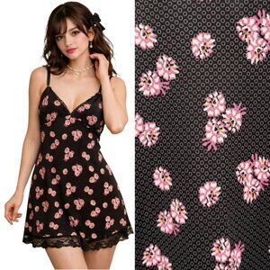 Old Navy Y2K Floral Slip Dress Lace Trim Sz L Black Pink Coquette Dark Romantic